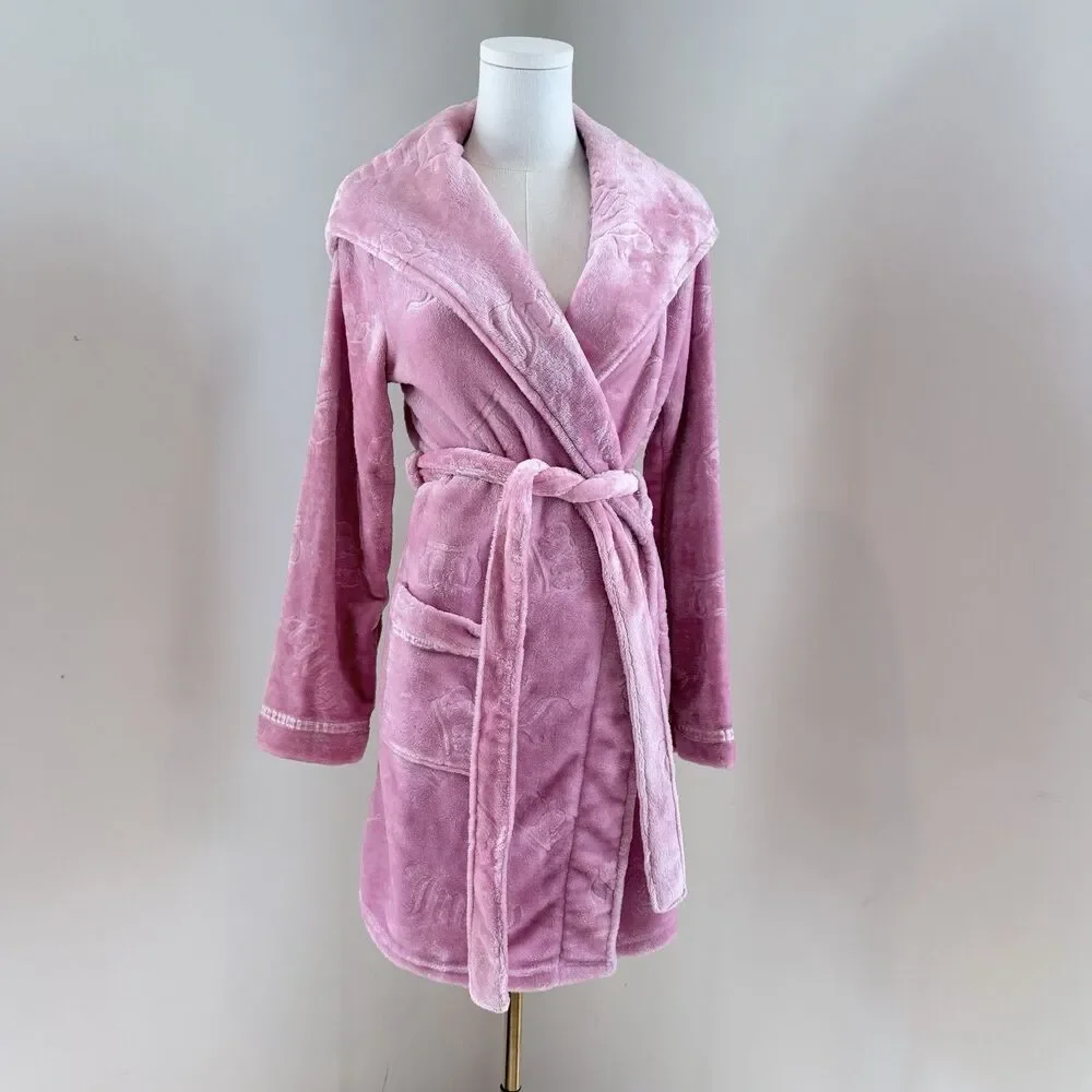 Juicy Couture Pink Plush Hooded Robe S/M Y2K Coquette Velour Spa Loungewear - Picture 2 of 16
